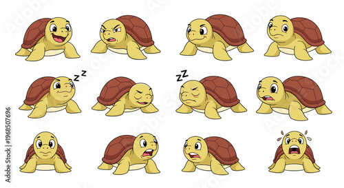 Cartoon turtle expressing various emotions and actions in different poses  