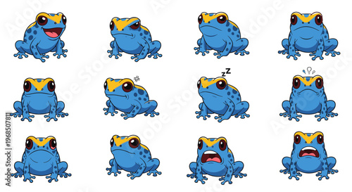 Poison dart frog in various emotions and expressions in cartoon style  