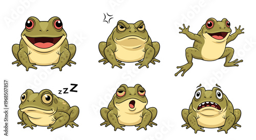 Cartoon frogs showing various emotions and expressions in six poses  