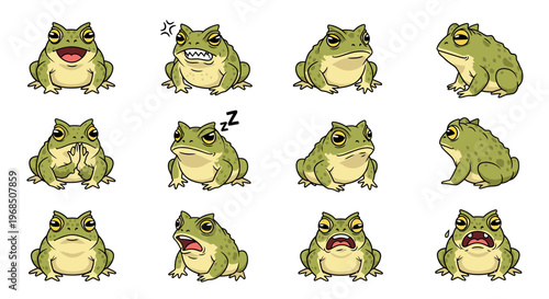 Cartoon horned toads expressing various emotions and actions  
