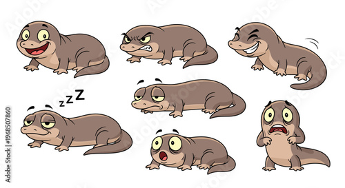 Cartoon caecilian expressing various emotions in animated poses  