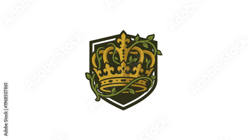Elegant golden crown with intertwined green vines, presented within a classic shield crest, symbolizing natural elegance, sovereign power, and timeless tradition