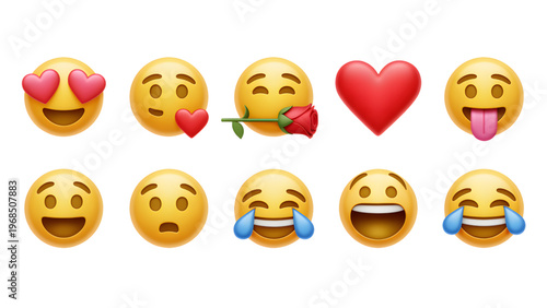 Emojis with Various Emotions and Heart on White Background
