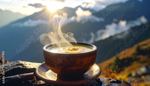 Tibetan butter tea. Steaming cup of po cha with soft mountains and glowing light behind it. 