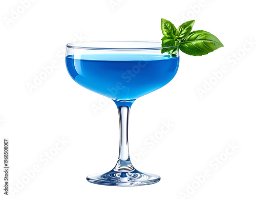 Elegant coupe glass filled with vibrant blue liquid and garnished with basil