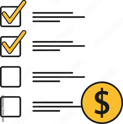 Checklist with dollar coin illustration representing financial planning budgeting task completion expense tracking and business management concept