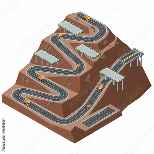 Winding Mountain Road with Bridges and Cars.