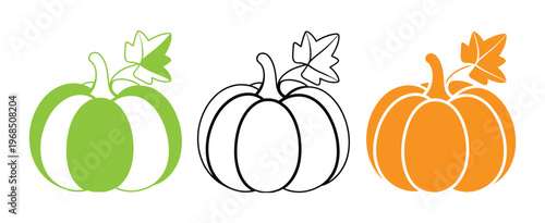 Pumpkin - squash for Halloween or Thanksgiving flat color icon for apps and websites. Pumpkin icons in green, black, and orange on white background Vector illustration
