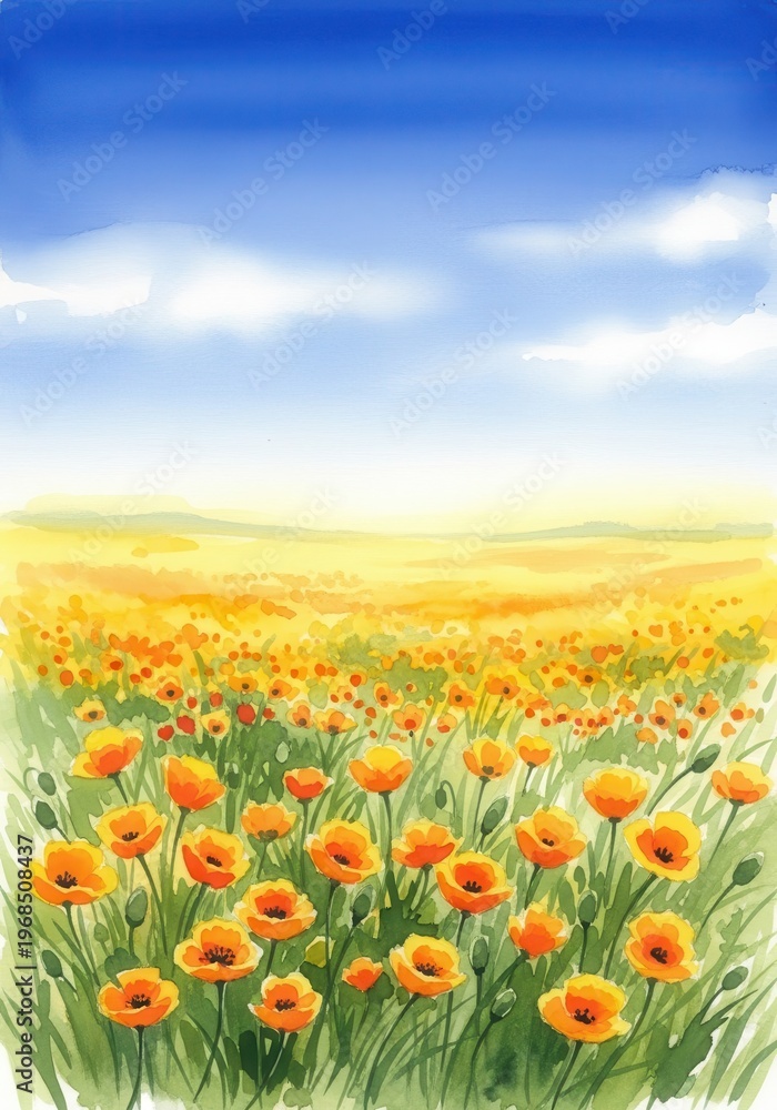 Fototapeta premium Watercolor painting depicts a vibrant field overflowing with orange blossoms beneath a bright blue expanse.