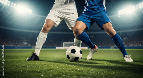 Soccer players competing for ball on stadium field at night