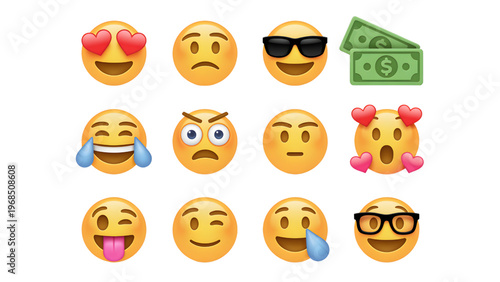 Emojis with Various Emotions and Sunglasses on White Background