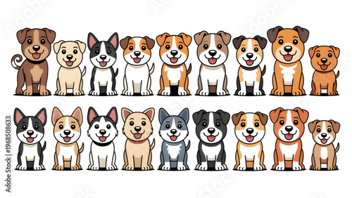 Cartoon Dogs Sitting in Two Rows on White Background