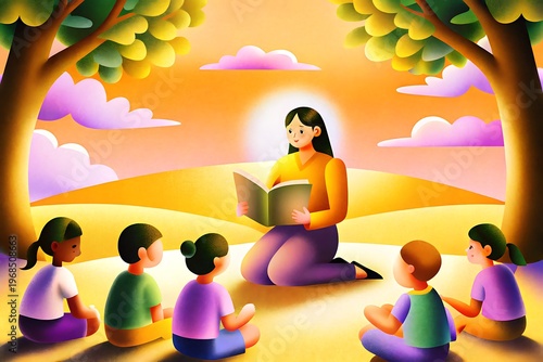 A woman reads a book to a group of children sitting in a circle outdoors at sunset