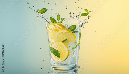 A refreshing glass of lemon water with mint leaves on a colorful background