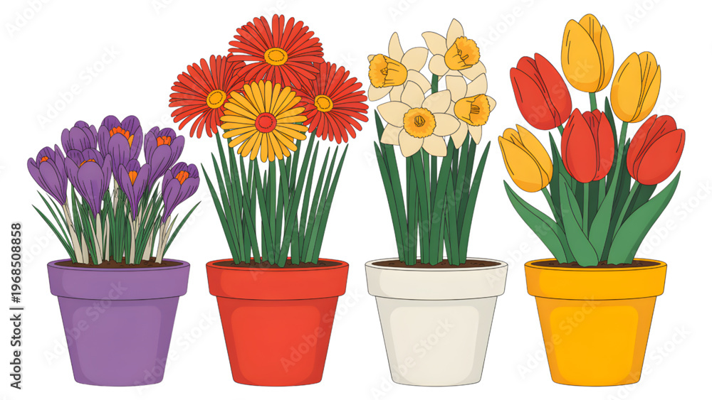 Fototapeta premium Colorful Potted Flowers on White Background
