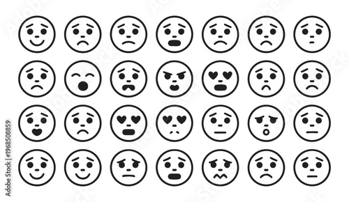 Diverse set of simple line art faces with unique eyebrows and mouths for personality character design.