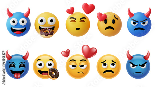 Devil Emojis with Hearts and Expressions on White Background