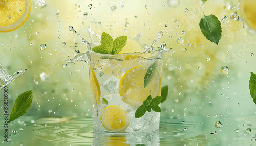 A refreshing glass of lemonade with mint leaves and ice cubes splashing in water