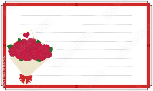赤いバラの花束を添えた便箋のフレーム背景素材（16:9）／Message card background with red rose bouquet and decorative frame (16:9)