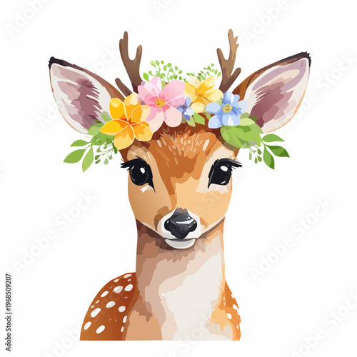 Rehkitz mit Blumenkranz – Aquarell Vektor Look