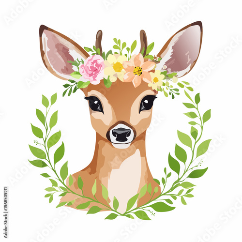 Rehkitz mit Blumenkranz – Aquarell Vektor Look
