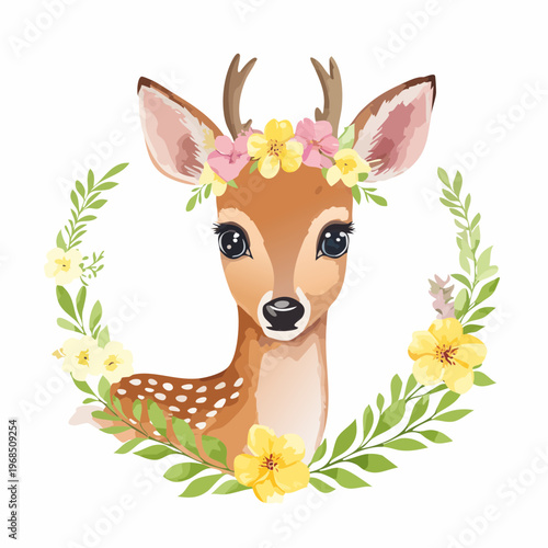 Rehkitz mit Blumenkranz – Aquarell Vektor Look