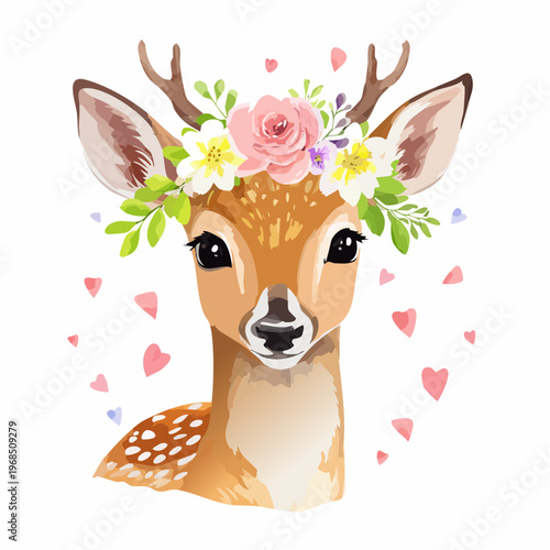 Rehkitz mit Blumenkranz – Aquarell Vektor Look