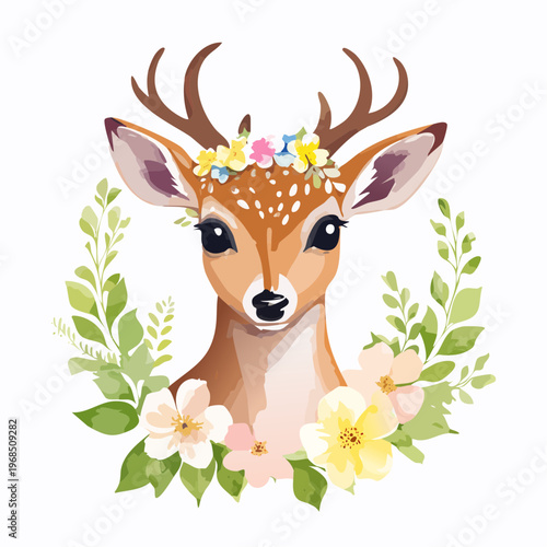 Rehkitz mit Blumenkranz – Aquarell Vektor Look