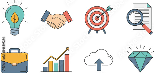 Business success and strategy flat icon set featuring target analytics handshake innovation cloud upload diamond and corporate growth symbols