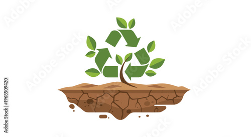 A tender green plant shoot sprouts from a floating island of cracked earth with an interconnected leaf-textured recycle emblem above.