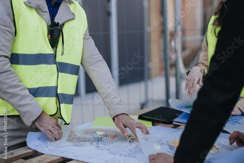Fényképezés Construction engineers in high-visibility vests review site plans and blueprints on a temporary work table