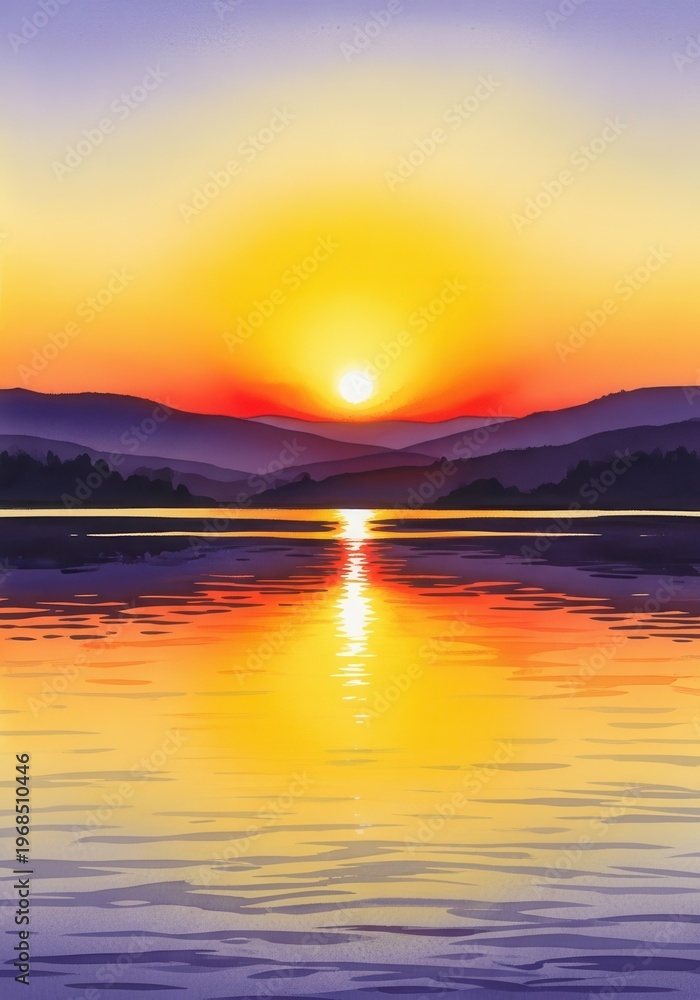 Fototapeta premium Brilliant celestial orb descends below distant mountain range reflected upon calm water surface