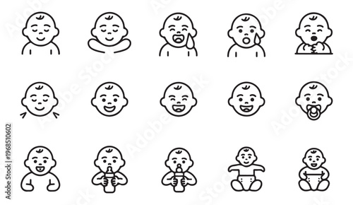 Infant baby development line icon set showing sleeping crying eating and playing activities for kids.