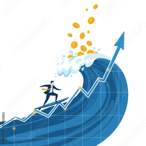 Entrepreneur skillfully riding a financial market wave, symbolizing strategic investment growth, business success, and seizing economic opportunities for prosperity