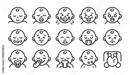 Newborn baby facial expressions and daily care routine icons featuring feeding sleeping and crying set.