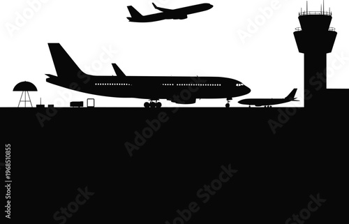 PrintAirport silhouette illustration, airplanes runway tower design, aviation infrastructure artwork, air traffic control vector, flight operation concept, ground support equipment artwork