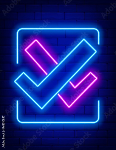 Neon Checkmarks in Blue Square.