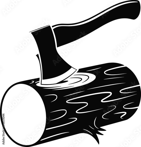 Axe embedded in log, wood chopping illustration, black vector design, woodworking symbol, camping outdoor activity, logging tool, manual labor art