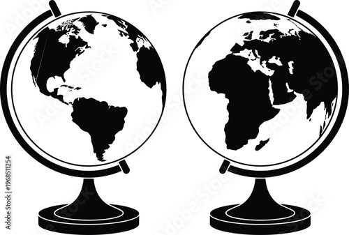 PrintBlack and white globe illustration, world map, continents view, educational geography concept, Earth representation, global learning, classroom tool, international perspective