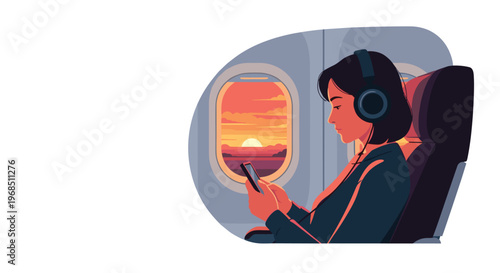 A woman with headphones is looking at her phone while seated by an airplane window during sunset.