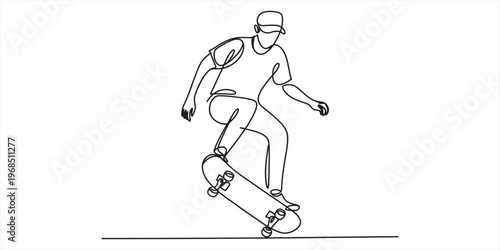 A single line drawing illustration of a male skateboarder performing a trick on a skateboard. Vector, illustration