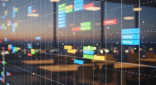 Blurred office interior, futuristic grid background, colorful data visualization, modern workspace