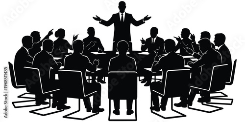 Business meeting silhouette with leader addressing team, conference table discussion, teamwork collaboration, corporate decision‑making environment, flat vector illustration