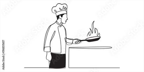 A single continuous line drawing of a professional chef holding a frying pan over a hot flame Vector, illustration