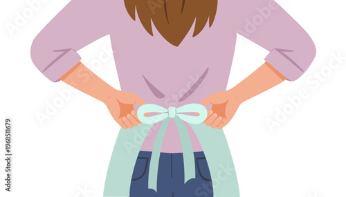 Woman tying an apron with a cheerful expression in a cozy kitchen setting