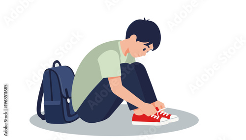 Boy sitting down tying shoelaces in a hallway with a backpack on a transparent background