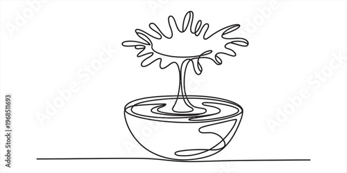 A single continuous line drawing of a liquid splash occurring inside a simple ceramic round bowl Vector, illustration