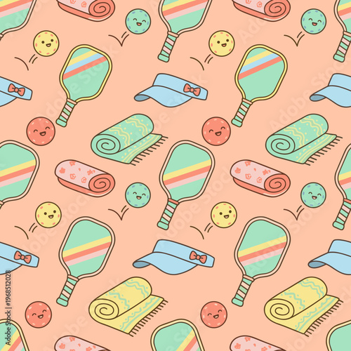 Cute cartoon pickleball pattern with paddles, balls, and visors