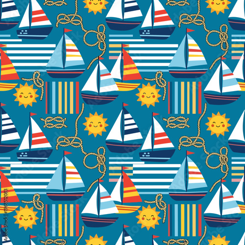 Seamless nautical pattern with cartoon sailing boats and suns