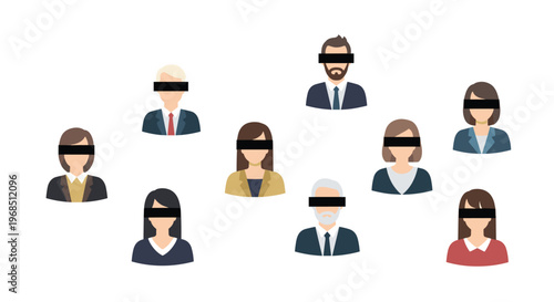 Nine stylized bust portraits of diverse business professionals, men and women, are arranged with black bars obscuring their eyes on a white background.